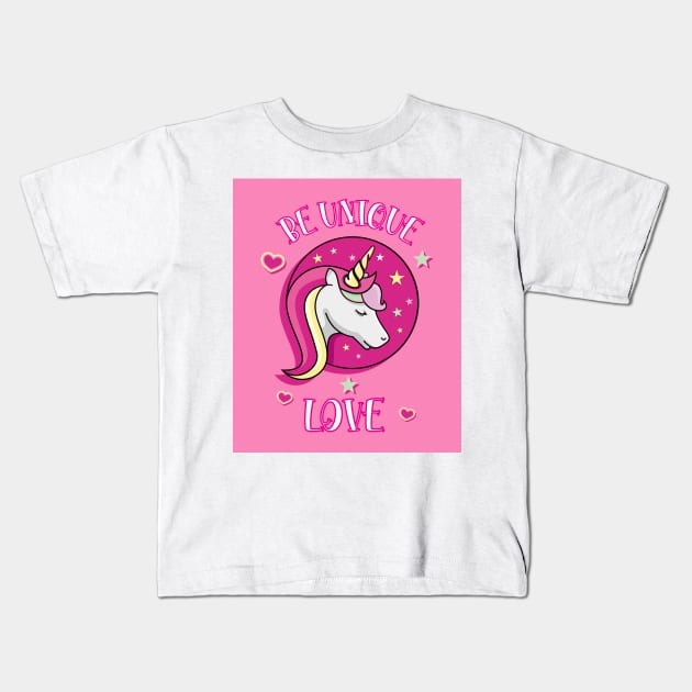 Be Unique Love Beautiful Unicorn Head With Stars And Hearts pink Poster Kids T-Shirt by teezeedy